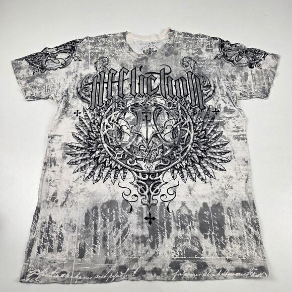 Affliction Shirt Mens 2XL Gray Black Graphic Live Fast Made in USA Gothic Tee - Picture 1 of 9
